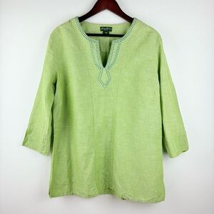 Eddie Bauer Women's Green Linen Blend Embroidered Tunic Long Sleeve Shirt Large